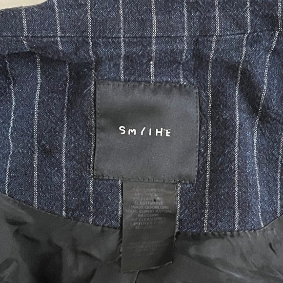 Smythe Navy Blue Pinstripe Linen Blend Blazer Jacket Womens Large Made in Canada - Picture 5 of 11